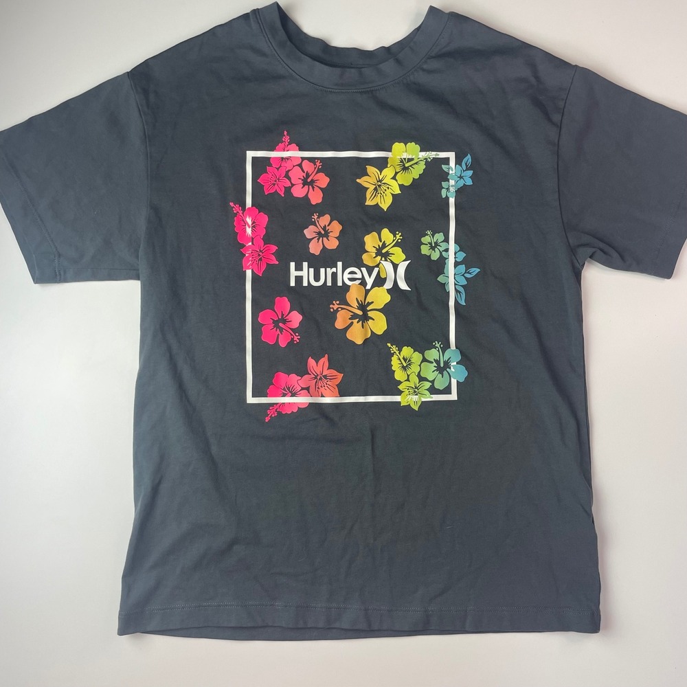 Hurley Kids Girls Floral Box Logo Graphic T-Shirt Gray Size M 10/12 Hibiscus